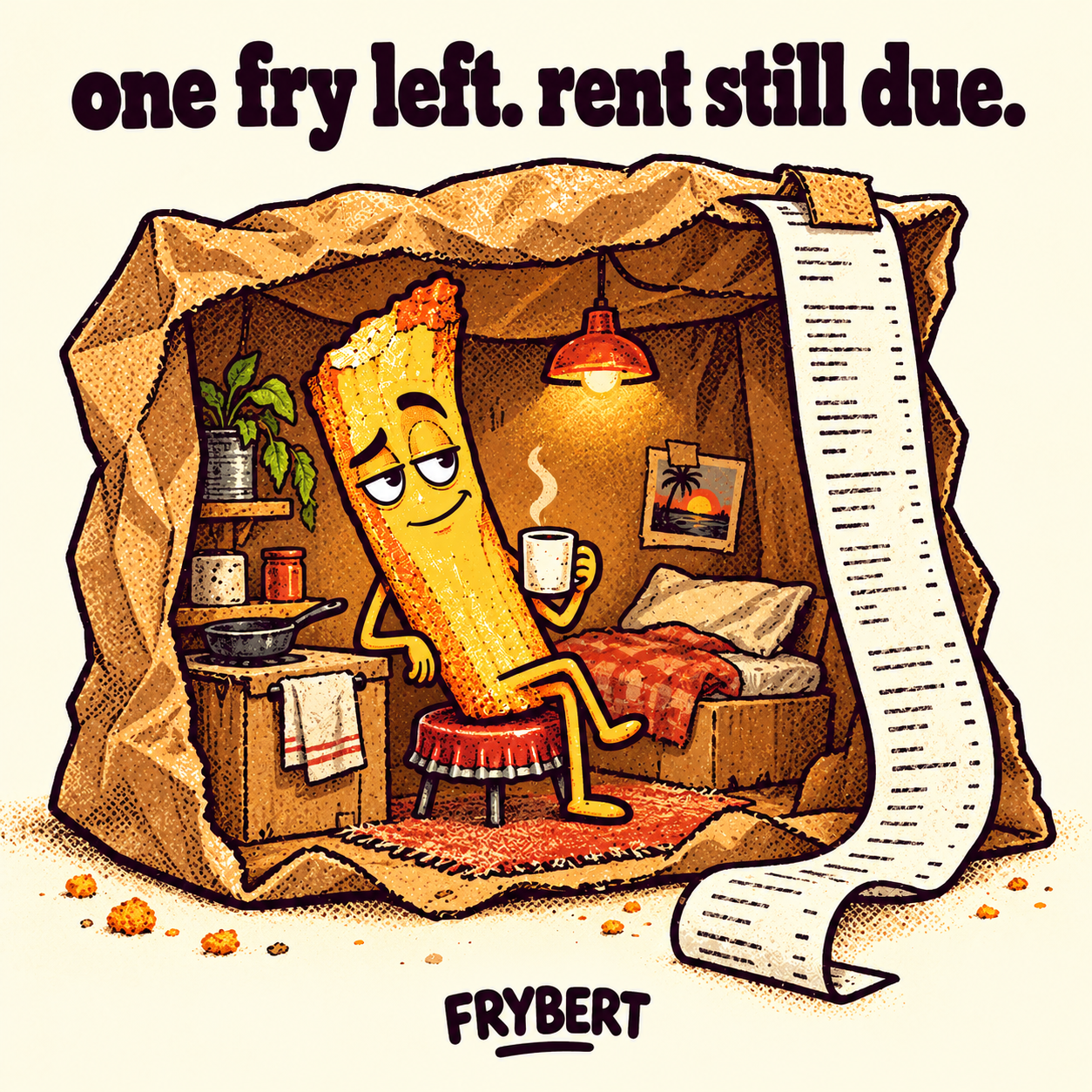 FRYBERT lives inside a takeaway bag, beside a very long rent notice.
