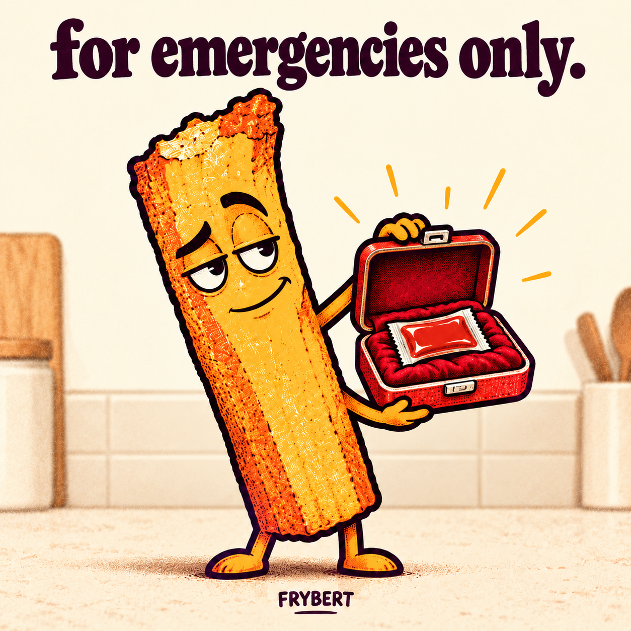 FRYBERT presents a ketchup sachet inside a tiny emergency case.