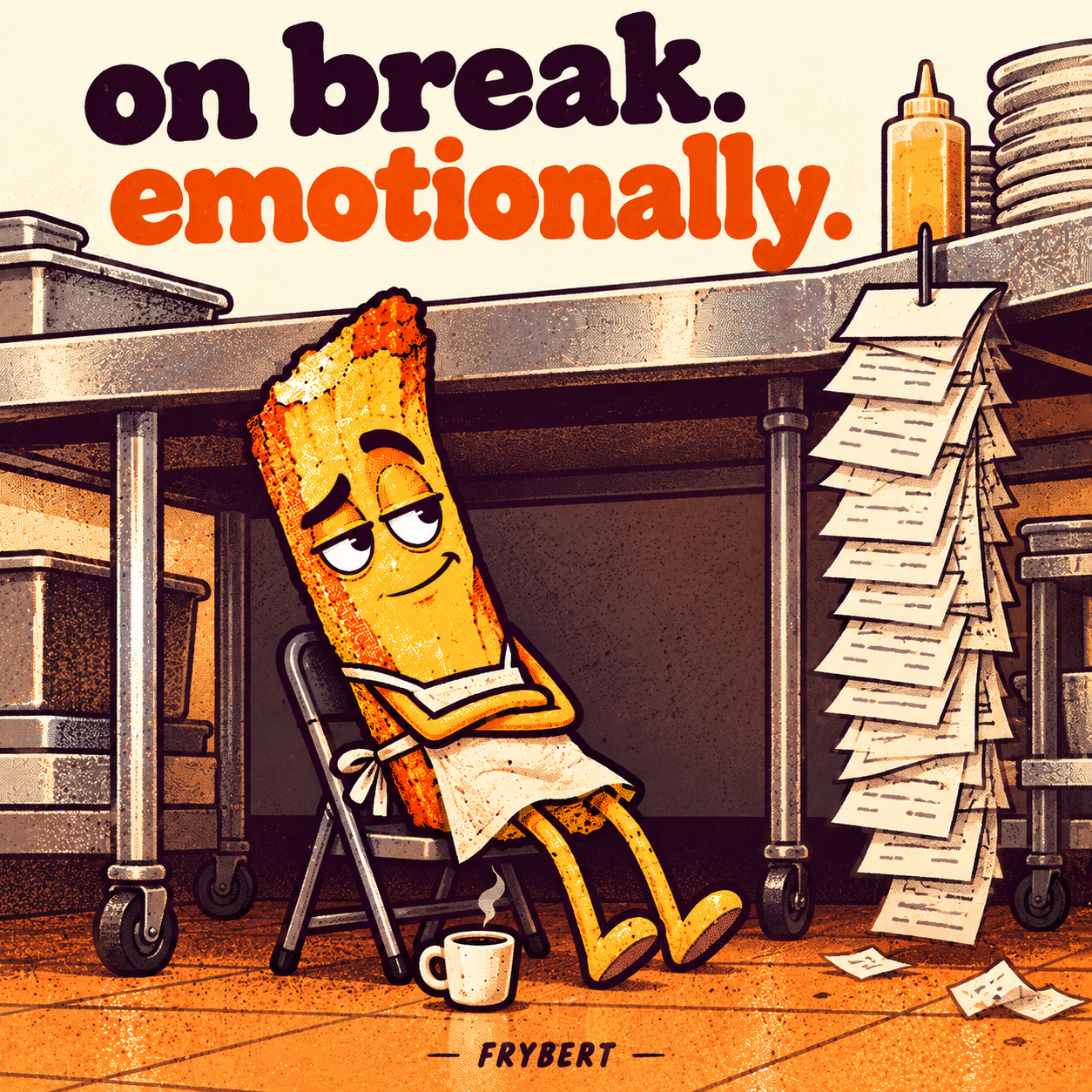 FRYBERT sits under a kitchen worktable beside a stack of order tickets.