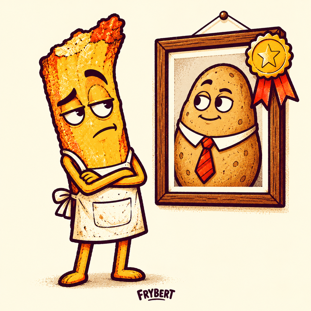 FRYBERT looks at a framed, award-winning potato wearing a tie.
