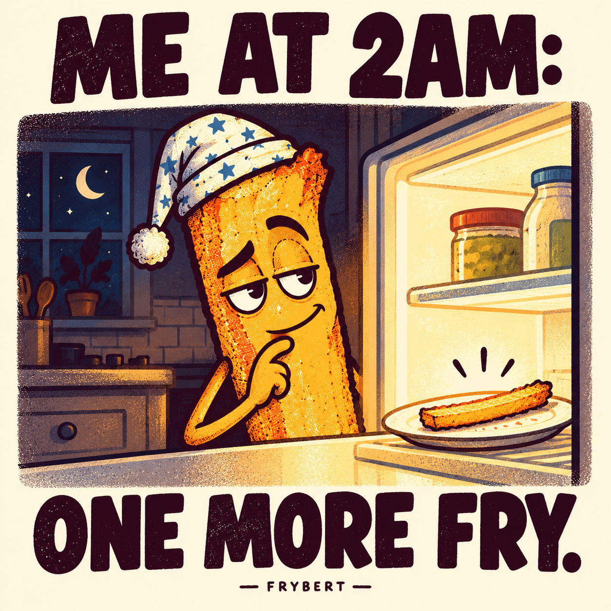 FRYBERT in a nightcap peers into the fridge at one fry. Me at 2AM: one more fry.